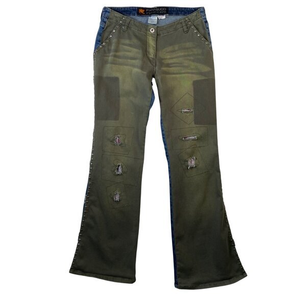 Parasuco Ergonomic Jeans Womens Size 30 Green & Blue Patchwork Studded Flared - Picture 1 of 10